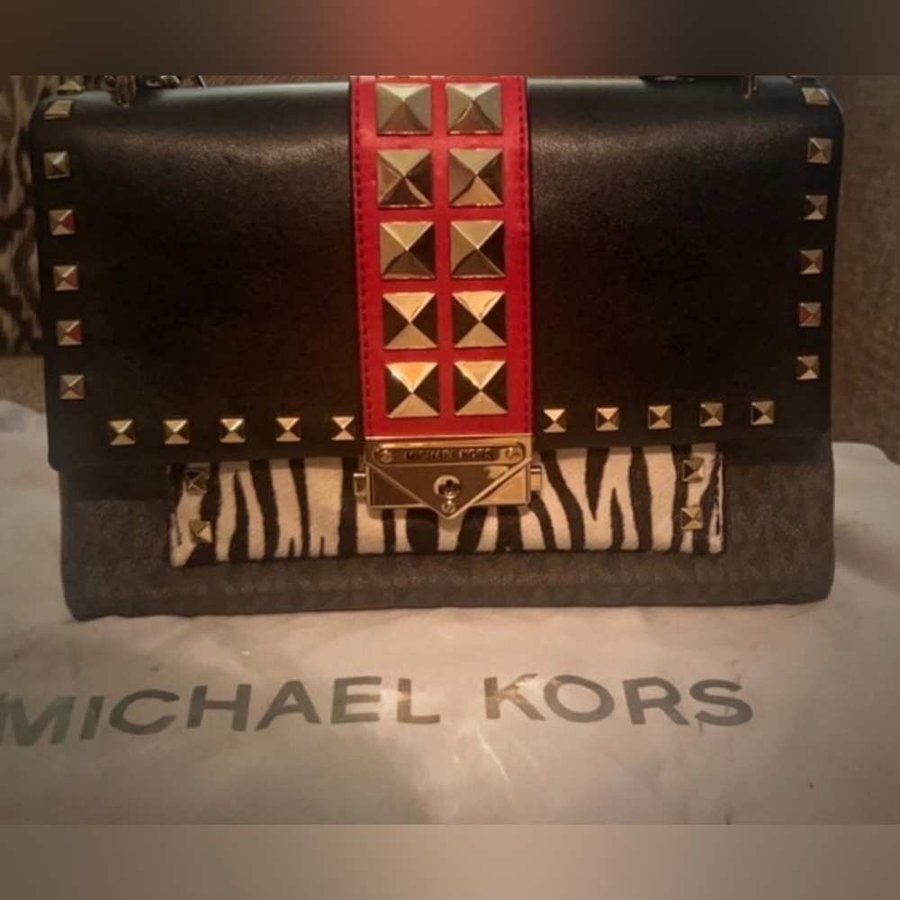 Michael Kors Cece Medium Logo Mixed-Media Convertible Black & Red Studded Bag - Picture 2 of 15